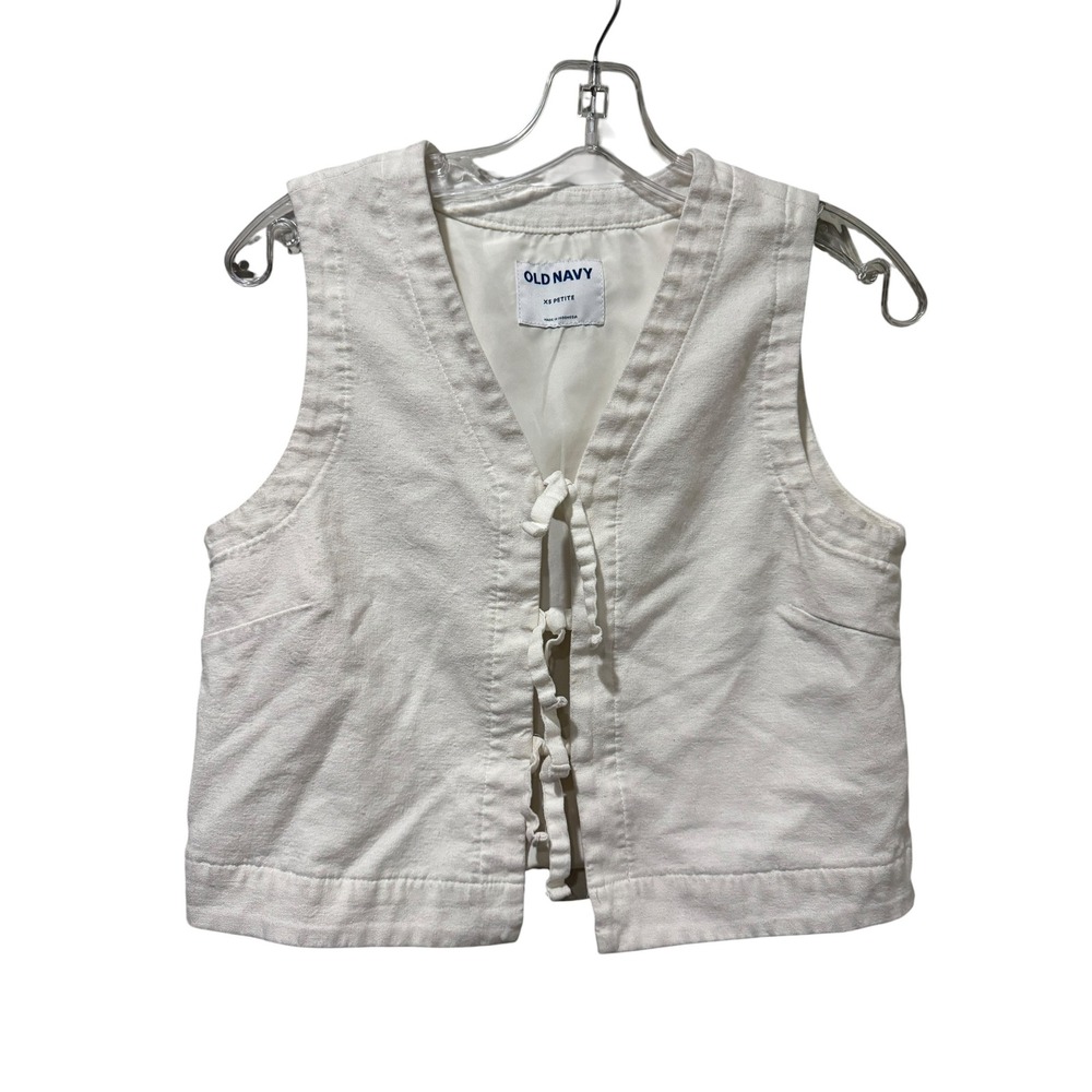 Old Navy Cream Linen Blend Tie Front Vest XS Petite Off White Cropped Boho